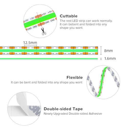 Image of BTF-LIGHTING FCOB COB LED Strip Lights 5V USB Powered Green Color for TV | 9.8FT 960LEDs CRI90+ Dimmable Super Bright LED Light with 3M Tape for TV Backlight PC 3D Printer Cabinet Home DIY Lighting