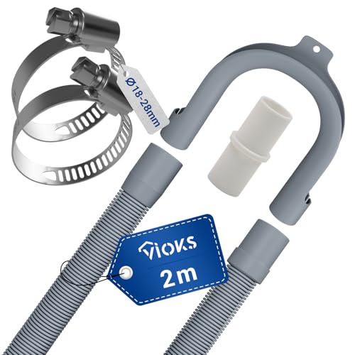 VIOKS Set Flexibler Abwasserschlauch Spülmaschine 2 Meter 19/22mmØ + 2x Klemmen Schlauchschellen Edelstahl 18-28mmØ + 1x Schlauch Verbindungsstück + 1x Haltebogen - Ablaufschlauch Waschmaschine Set