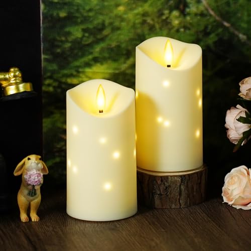 Image of kakoya Outdoor Waterproof Flickering Flameless Candles with Embedded Star String,2Pcs LED Pillar Candles Battery Operated with Remote and Timers for Courtyard,Porch,Camping,Holiday Decoration(Ivory)