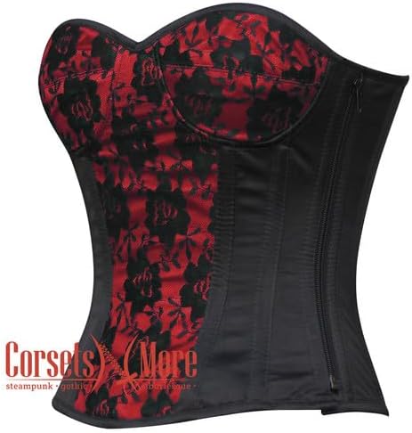Black and Red Satin Corset Tops for Women Overbust Gothic Net Overlay Steel Boned Waist Cincher Costume