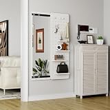 KEIKI Full Length Mirror with Shelf - 48'x16' Wall Mounted Rubber Wood Full Body Mirror, Pegboard with Hooks for Storage, Multifunctional Decor for Bedroom, Living Room (White)