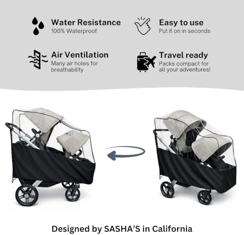Deluxe Rain Cover for UPPAbaby Vista V2/V3 Double Stroller w/Rumble Seat by SASHA'S - Nylon Base, Extended Coverage, Ventilation Holes, Wind and Weather Shield, Stroller Not Included — 사진 2
