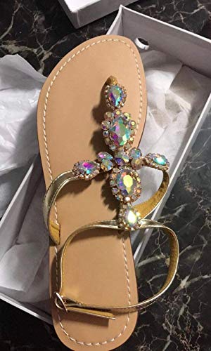 Image of ZhuLinFeng Women'S Rhinestone Gladiator Sandals Flat Wedding Sandals Gem Pearl Sparkling Bridal Bridesmaid Sandals Blue Bohemian Sandals