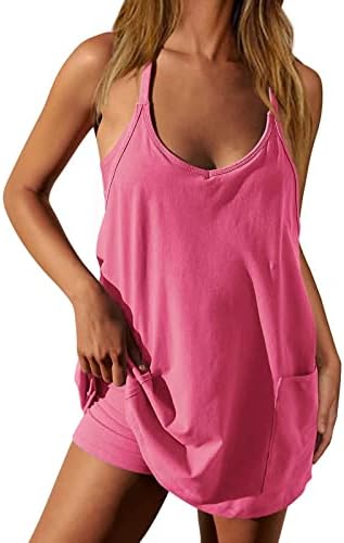 Tennis Dresses for Women Built in Shorts Workout Mini Dress with Shorts Sleeveless Spaghetti Straps Golf Athletic Dress Hot Pink