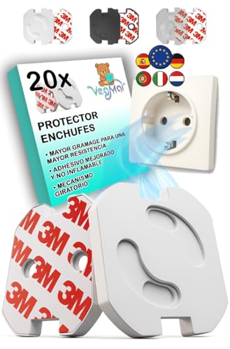 VegMai®[20 Unidades] Protector Enchufes Seguridad Infantil Con Mecanismo De Giro Y Adhesivo 3M Ideal Para Bebes Niños Y Pequeños En El Hogar. Schuko Europeo Tapas Color (BLANCO)