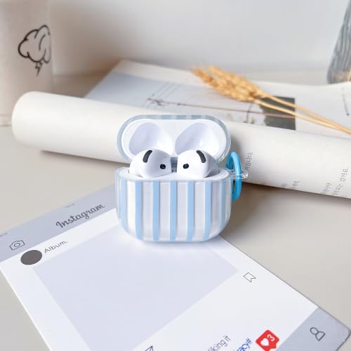 Image of MINSCOSE for AirPods 4 Case,Cute Striped Aesthetic Pattern Design with Trendy Keychain Ring,Soft TPU Protective Shockproof Cover with Cleaner Kit for Girls Women for Airpods 4-Clear Blue