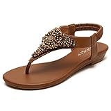 Huntarry Women Floral Rhinestone Glitter Slingback Flat Sandals Comfort Dressy Beach Thong Bohemian