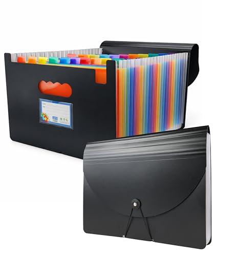 Image of SPS A4 Expanding File Folder - 24 Pockets | Black | Large Capacity | Secure Elastic Closure | Durable & Waterproof | Fits A4 & Letter Size | Accordion Document Organizer