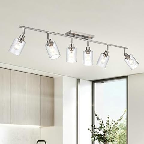 PENDRION Contemporary Flexible Track Lighting Kit 6-Light Flush Mount Ceiling Spotlights Brushed Nickel Seeded Glass Bathroom Vanity Lighting Modern Track Light Fixtures Ceiling for Kitchen Bedroom Cover
