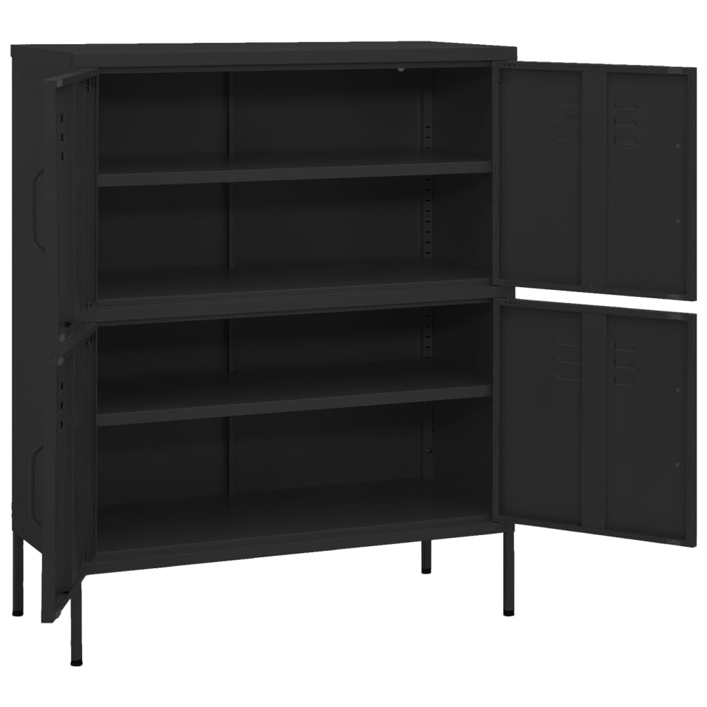 Armario de almacenamiento negro de acero 80 x 35 x 101,5 cm con 4 puertas y 2 estantes ajustables en altura, con cerradura, con niveladores, ideal como archivador, armario de almacenamiento