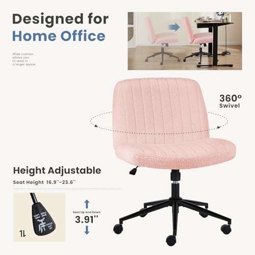 Image of DUMOS Criss Cross Chair with Wheels, Cross Legged Office Chair Armless Wide Desk Chair with Dual-Purpose Base, Adjustable Swivel Teddy Fabric Task Vanity Home Office Desk Chair, Pink
