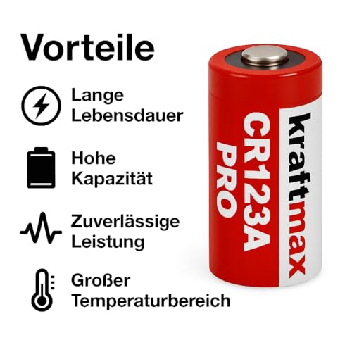 kraftmax 2er Pack CR123A PRO Lithium Batterien 3V – Hochleistungsbatterien für Taschenlampen, Kameras, Alarmanlagen – Nicht wiederaufladbar – Professionelle Energiezellen