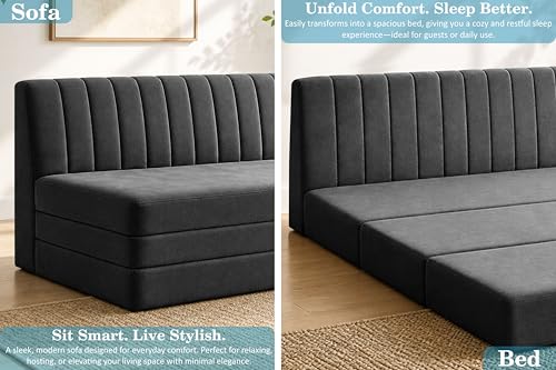 Image of 3-Seater Foldable Floor Sofa Bed with, Modern Velvet Fabric Folding Couch for Living Room, Guest Room & Small Spaces-Black