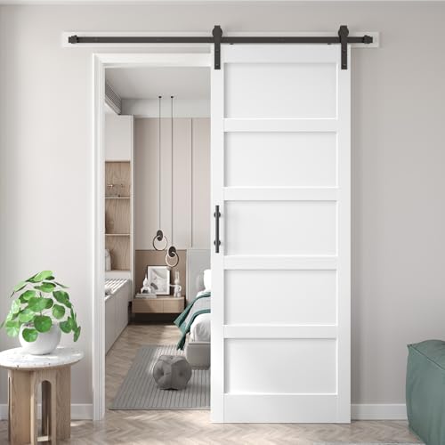 Image of Fredbeck 36x96 inch White Barn Door with 6.6FT MDF Sliding Door Hardware Kit Included & Handle,Solid PVC Surface,DIY Assembly,5-Panel