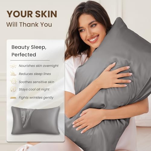 Image of THXSILK 100% Pure Mulberry Silk Pillowcase for Hair and Skin, 25 Momme 6A+ Grade Pure Silk Pillow Case Standard Size, Real Silk Pillowcase with Concealed Zipper(Grey, Standard)