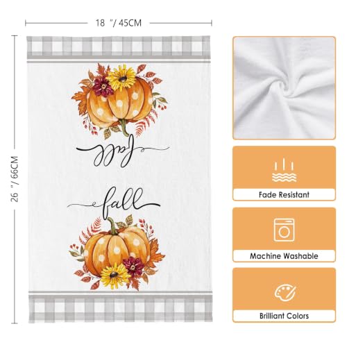 Image of Fall Pumpkin Kitchen Towel Farmhouse Grey Buffalo Plaid Dish Towels Set of 2, Autumn Thanksgiving 18 x 26 Inch Hand Towel Quick Drying Dishcloth Decor for Kitchen Bathroom Home