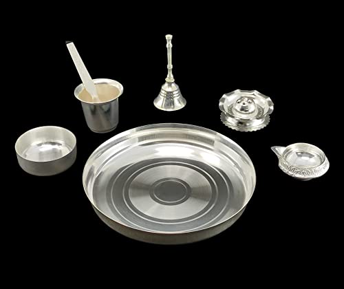 BENGALEN Silver Plated Pooja Thali Set 6 Inch with Plate Agarbatti Stand Glass Bowl Spoon Kuber Diya Puja Decorative Items for Home Mandir Office Wedding Return Gift Items