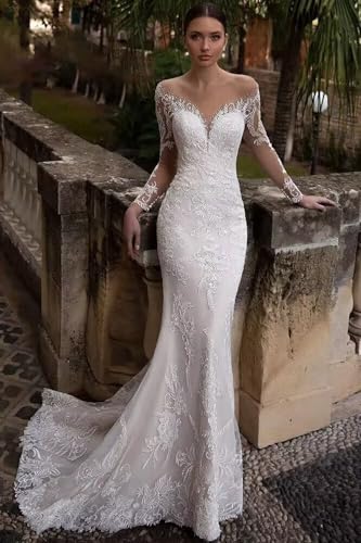 Wedding Dresses for Bride Mermaid Long Sleeves Lace Appliques V-Neck Backless Boho Bridal Gowns2