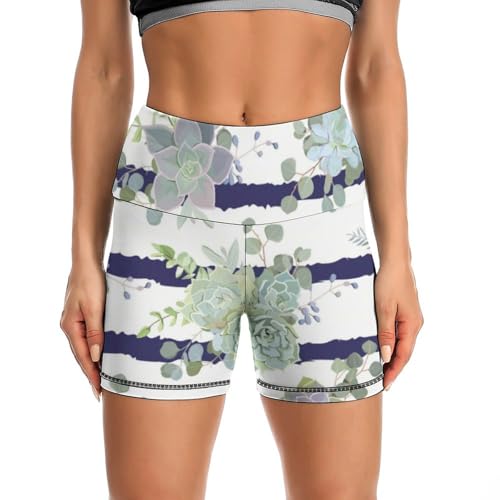 Colorful Succulent on Stripe High Waist Yoga Shorts for Women Athletic Shorts Leggings Running Pants