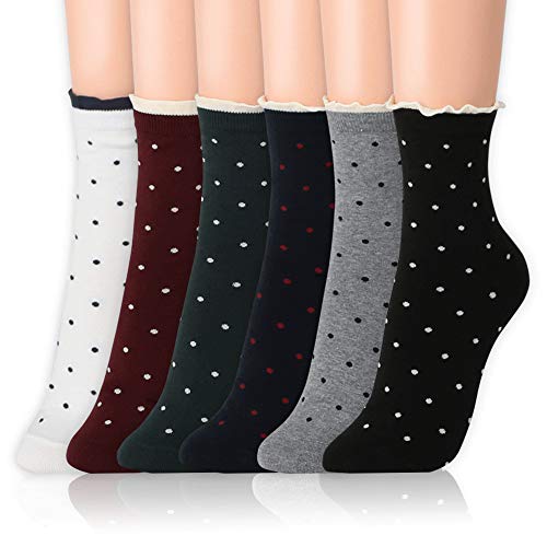 Kikiya Socks 6 Pairs of Women Pattern Design Crew Socks Polka Dots Lace | Cute Socks For Women | Lace Socks Women | Frilly Socks Women | Girls Ruffle Socks | Ruffle Socks Women | Bobby Socks Women