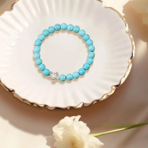 Fakcrkun Regalos de tortuga para mujer, pulsera de tortuga turquesa natural, pulseras de cristal curativo con tarjeta de mensaje, pulseras de cuentas elásticas, regalos de viaje para mujeres
