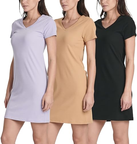Image of Real Essentials 3 Pack: Women's Ribbed Knit Short-Sleeve V-Neck Swing T-Shirt Casual Dress (Available in Plus)