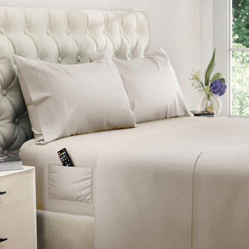 Image of DREAMCARE California King Sheet Sets - 4 pcs Breathable Cooling Sheets - up to 21 inch Extra Deep Cal King Sheets with Side Pockets - Extra Soft 100% Brushed Hypoallergenic Hotel Luxury Bedding - Beige