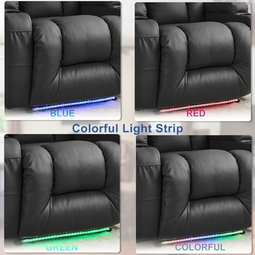 Image of URRED Recliner Chair with Massage and Heat, Power Reclining Sofa Chair Home Theater Seating with LED Ambient Light, USB Ports, Cup Holders, Side Pockets, Faux Leather, Black