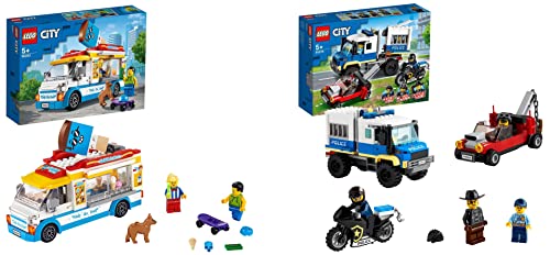 Image of LEGO 60276 City Police Prisoner Transport Tow Truck Toy+60253 City Great Vehicles Ice-Cream Truck Toy with Skater and Dog Figure-(Set of 2Toys)