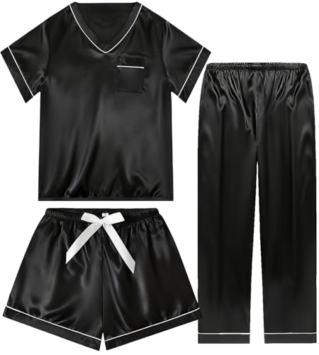 Image of 3 Piece Silk Satin Pajamas Set for Women Soft Short Sleeve Pjs Silky V Neck Sleepwear with Top Shorts and Pants,Black,M