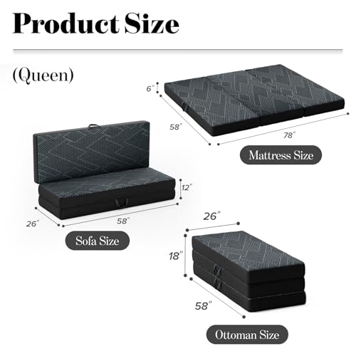 Image of Vamcheer Foldable Mattress Queen Size, 5 inch Folding Mattress, Tri-fold Memory Foam Mat with a Collapsible and Washable Cover, Handle & Non-Slip Bottom for Travel /Guest, 75 inchx38 inchx5 inch, Grey