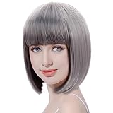 FREE BEAUTY Updated Grey Short Bob Wig with Bangs-13 Synthetic Straight Carnival Costume Party Cosplay Christmas Halloween Flapper Hair Wigs for Girls Women