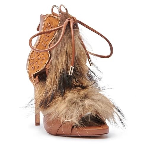OMLISHZTY Fur Stiletto Heels Sandals for Women Lace up Faux Fur Ankle High Heels with Back Zip Peep Toe Comfortable Sandals Tan