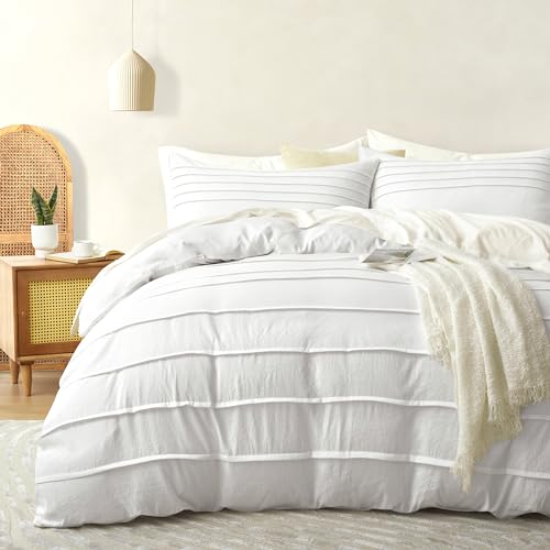 Oli Anderson White Duvet Cover Twin Size - Pleated Twin Duvet Cover, 2PCS Soft and Breathable Textured Bedding Set with Zipper Closure(White,68"x90")
