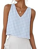 IDEALSANXUN Gingham Tops for Women 2025 Spring Summer Beach V Neck Sleeveless Plaid Shirts Blouse Cute Crop Going Out Tank Top Vest, Gingham Light Blue, S