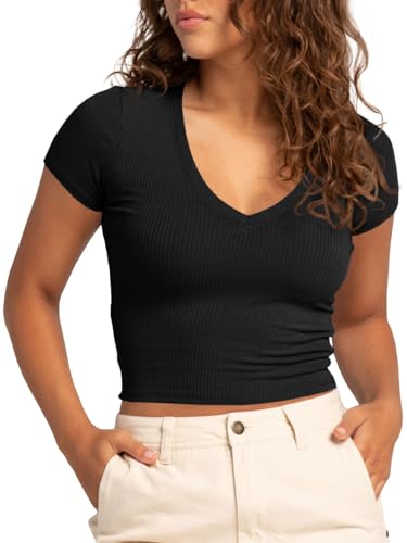 Tankaneo Womens Crop Tops Ribbed V Neck Short Sleeve Summer Basic Tees Slim Fit Y2k Shirts