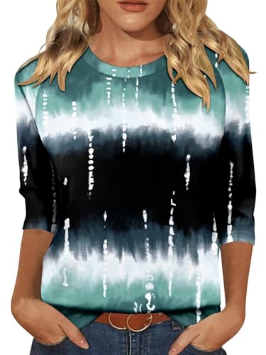 KISSMODA Tunic Tops for Women Loose Fit Dressy Round Neck Pleated 3/4 Length Sleeve Spring Tops