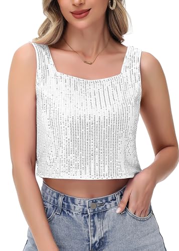 Anna-Kaci Women's Sequin Cropped Tank Top with Wide Straps Square Neckline for Festivals, Parties, Night Out, Silver, Small