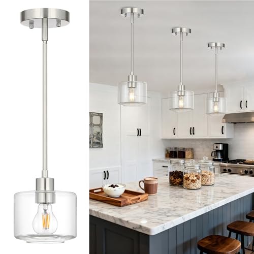 Osimir Brushed Nickel Pendant Lights Kitchen Island, 1-Light Modern Clear Glass Hanging Light Fixtures with Rods, Mini Kitchen Pendant Lighting Over Island for Sink Bathroom, OS-YQ8153-1PBNC