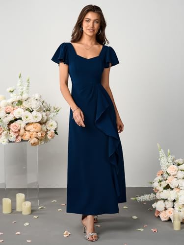 Image of Womens Long Semi Formal Cocktail Dresses Square Neck Split Elegant Evening Party Gowns Ruffle Wedding Guest Dress
