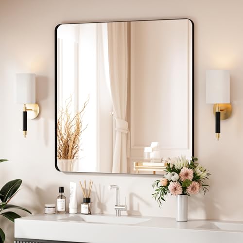 Black Bathroom Mirror 36X36 Inch Bathroom Vanity Mirror for Wall Metal Frame Large Mirror Tempered Glass Modern Wall Mirror for Bathroom Farmhouse Horizontally or Vertically Hanging