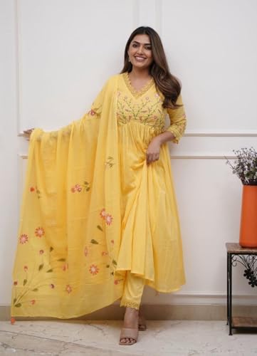 Image of Premium Cotton Embroidered Anarkali Suit Set for Women with Dupatta, Floral Embroidery, 3 Piece Set, Soft and Comfortable