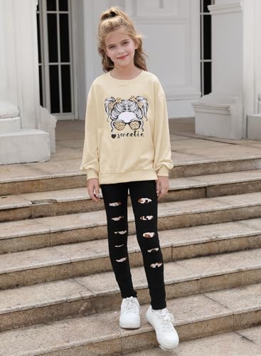 Alakuoti Fall Girls Outfits Size 6 Girls Fashion Print Sweatshirt Pullover Tops and Leggings Sweatpants 2 Piece Beige Leopard 5-6 Years - image 3