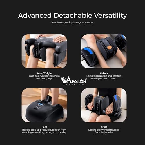 Image of Apollon Onknee3 Detachable Leg, foot, Calves, Arms, knee & Thigh massager, 3 Level Therma Flow Heating Therapy, With 3 Levels of Intensity, 3 Level Robotic Reflexology, 3 Auto Modes, latest Accupressure Massage Nodes, Adaptive strength & accuracy control, With 360 full Wrap Airbags,