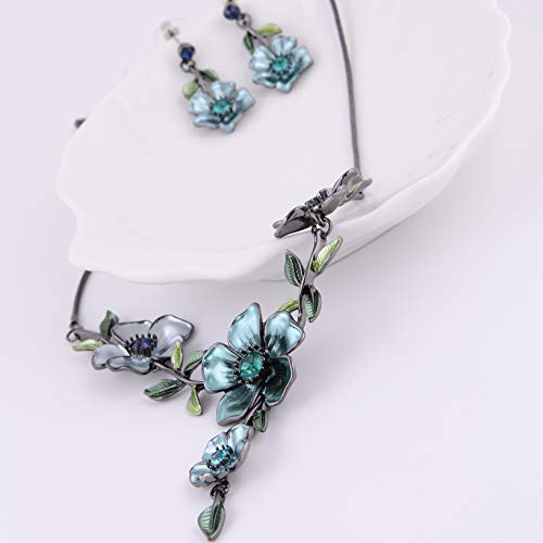 AMYJANE Women's Vintage Statement Jewelry Set - Spring Blue Flower Leaf Floral Bohemian Boho Statement Necklace Earring Set Fashion Plant Crystal Rhinestone Costume Jewelry Set for Prom Party - Thumbnail 4