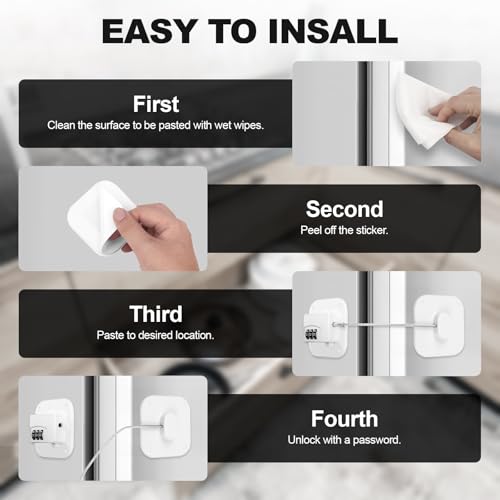 XDENGP Refrigerator Lock 2 Packs, Fridge Lock Easy to Use and Install on Cabinets and Drawers, Fridge Locks for Kids Safety and Security, No Key Required and Surface-Friendly （Black White） - Thumbnail 3