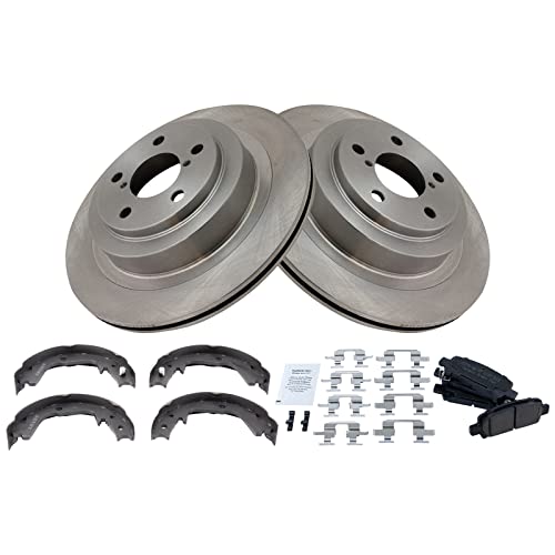 Image of TRQ Rear Brake Pad and Rotor Set Ceramic Parking Brake Shoe Compatible with 2005-2009 Subaru Legacy