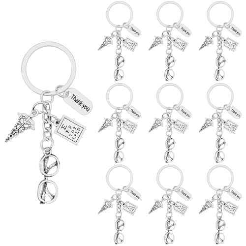 SIQYUWM 10Pcs Eye Doctor Keychain Alloy Eyeglasses Eye Chart Medical Symbol Thank You Tag Charm Keyrings for Ophthalmologist Optometrist Ophthalmic Assistant Gifts
