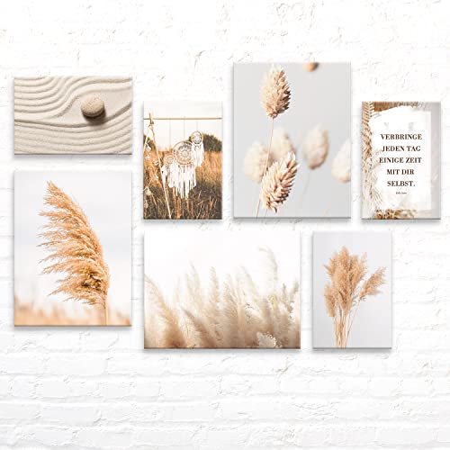 Wunderschöne Boho Style Pampasgras Wandbilder im 7er Set - aufhängefertig - beige mood moderne Leinwand-Bilder zur Motivation & Deko für Wohnzimmer Schlafzimmer, Bilderset je 3x 30x40cm - 4x 30x20cm