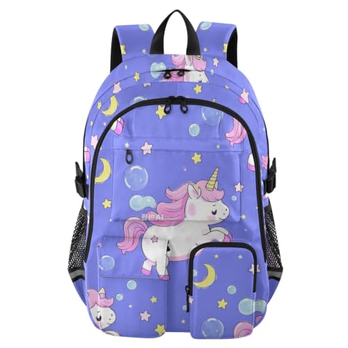 Mochila morada de unicornios ergonómica para aliviar el peso escolar